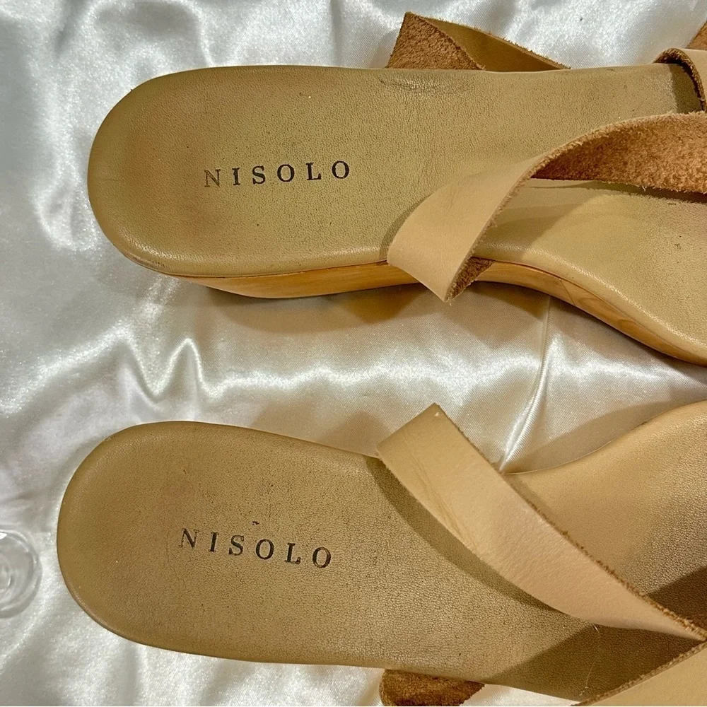 Nisolo Sarita Wooden Wedge Sandal Size 9 Leather Wrap Beige Festival Vacation